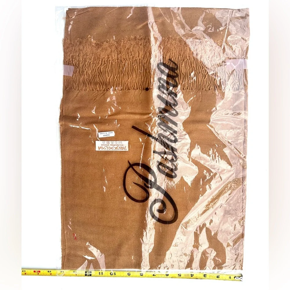 New Pasmina & Silk Tan Shawl Wrap Scarf, 76”x28”